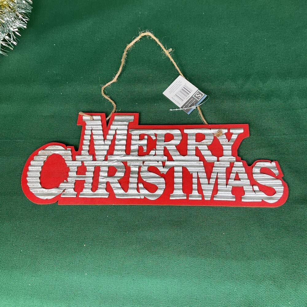 Sullivan’s Merry Christmas Hanging Sign Galvazined Corrugated Metal Wood Rustic